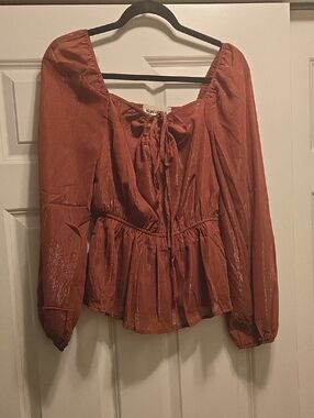 Savannah Metallic Rust Tie-Front Peplum Blouse